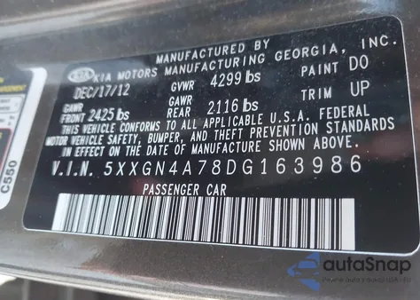 2013 Kia Optima Ex z USA, uszkodzony, nr VIN 5XXGN4A78DG163986